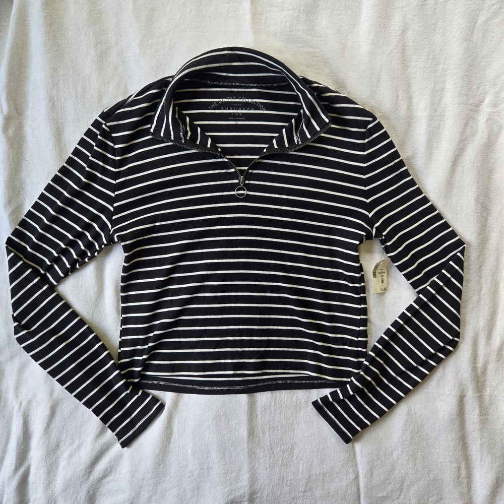 Aeropostale OG Tee Collection Striped Ribbed Quarter Zip Shrunken Tee Black XL